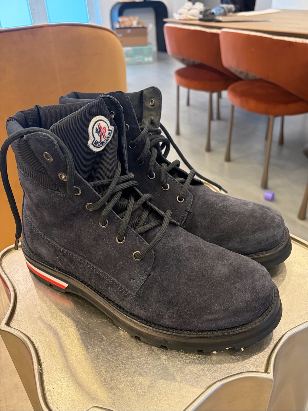 Moncler Navy Suede Lace-Up Combat Boots with Tricolor Heel